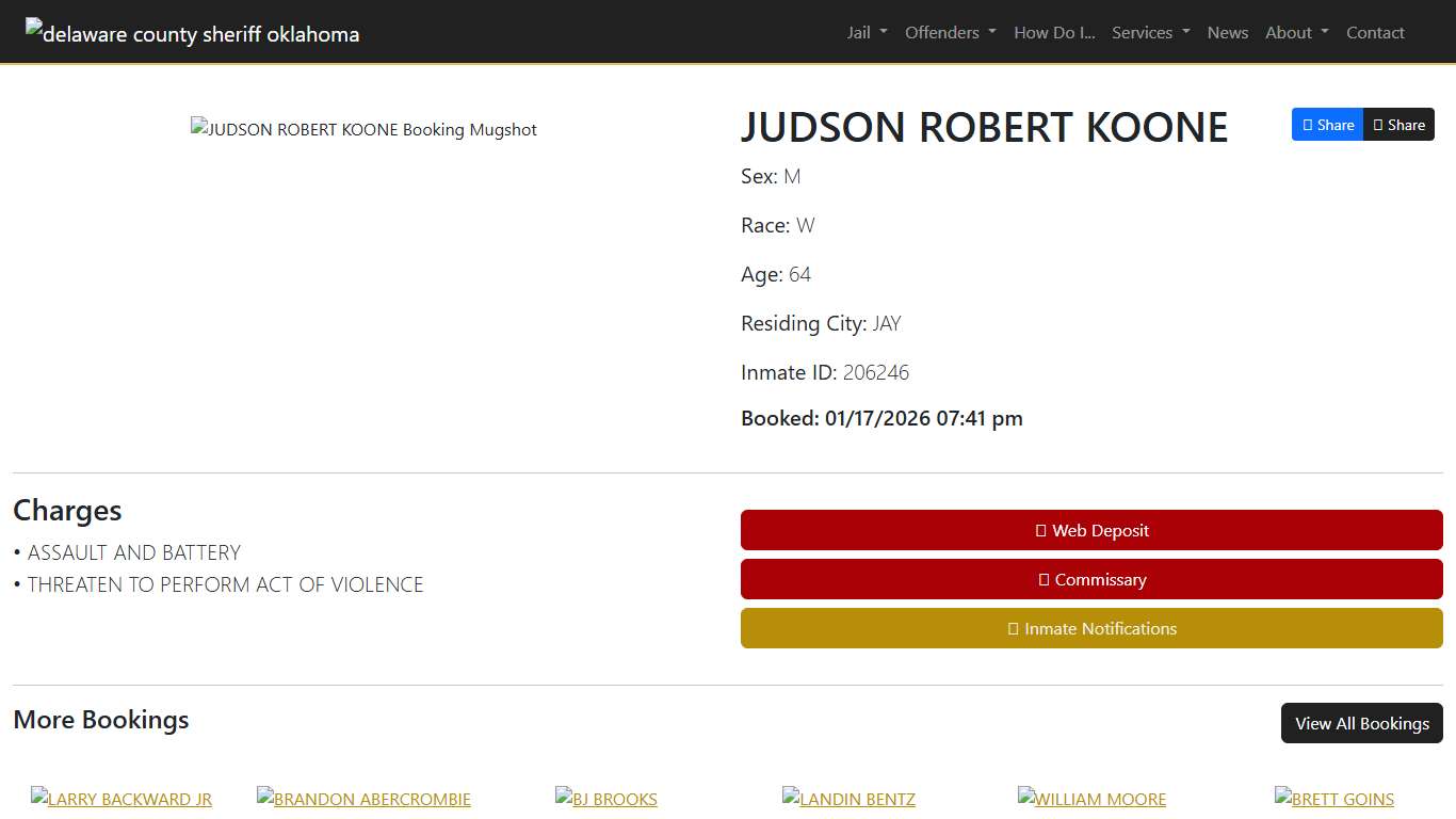 JUDSON KOONE Booked at the Delaware County Jail