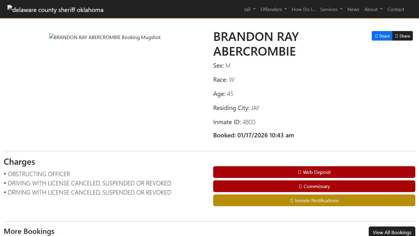 BRANDON ABERCROMBIE Booked at the Delaware County Jail