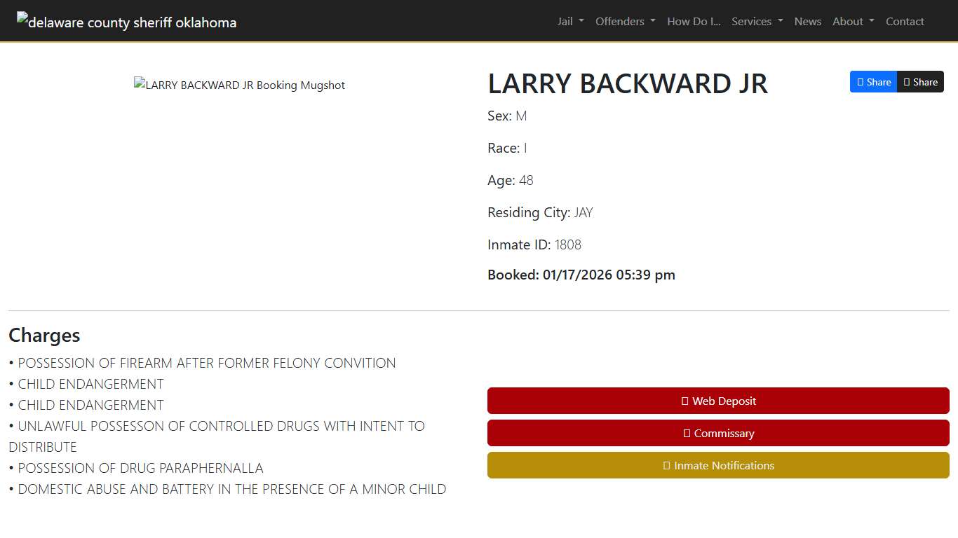 LARRY BACKWARD JR Booked at the Delaware County Jail